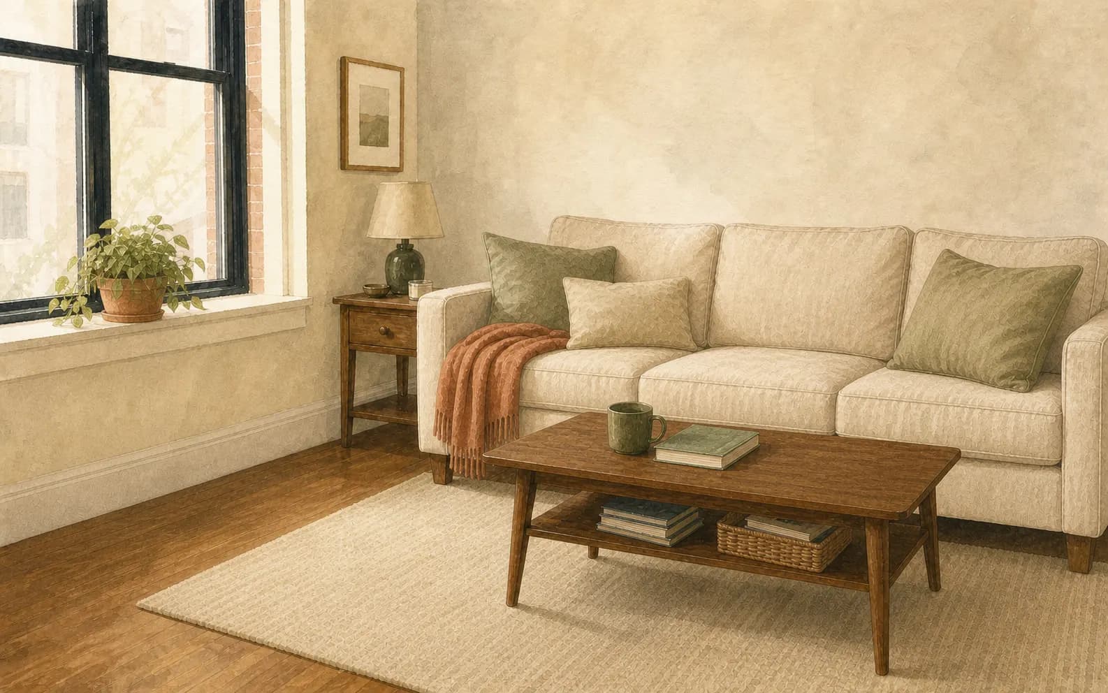 A freshly cleaned, sunlit living room with light coming through the windows