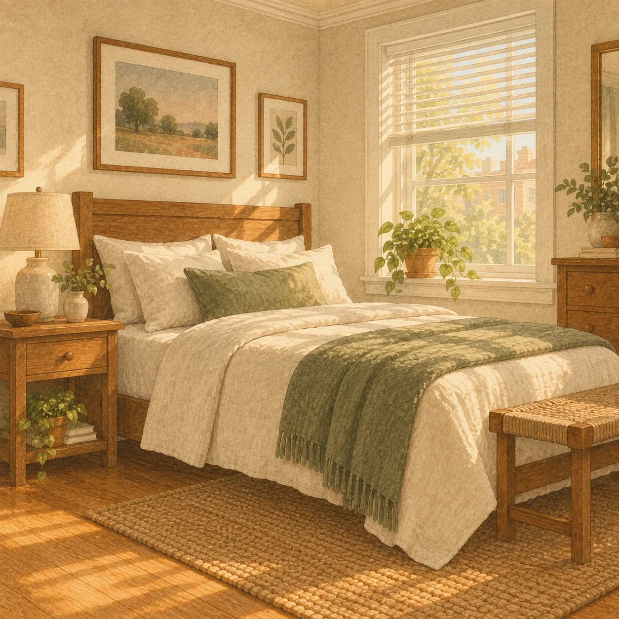 A calm bedroom with a neatly made bed and a wooden bedside table