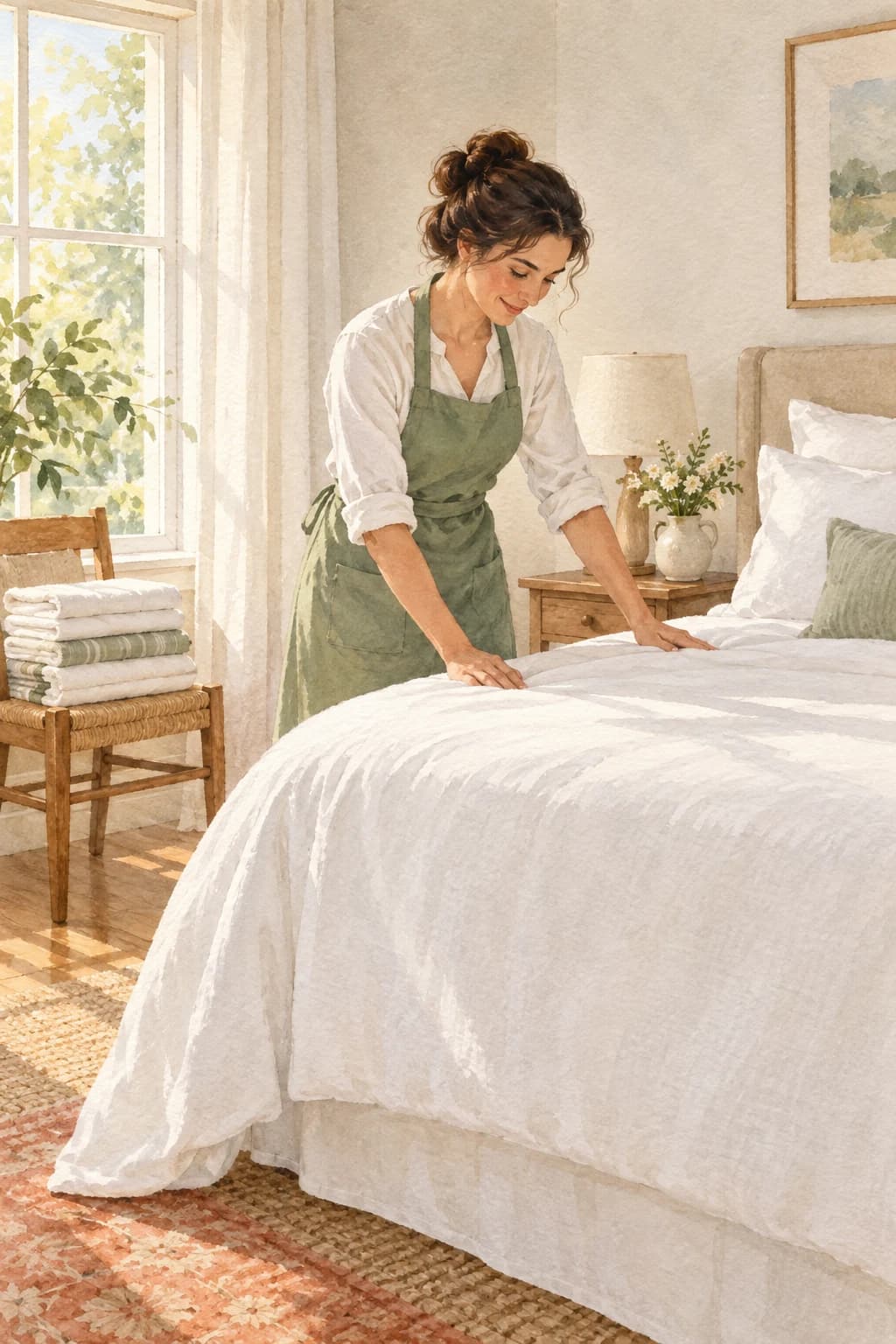 A Hometress cleaner in a sage apron smoothing fresh white linens on a made bed
