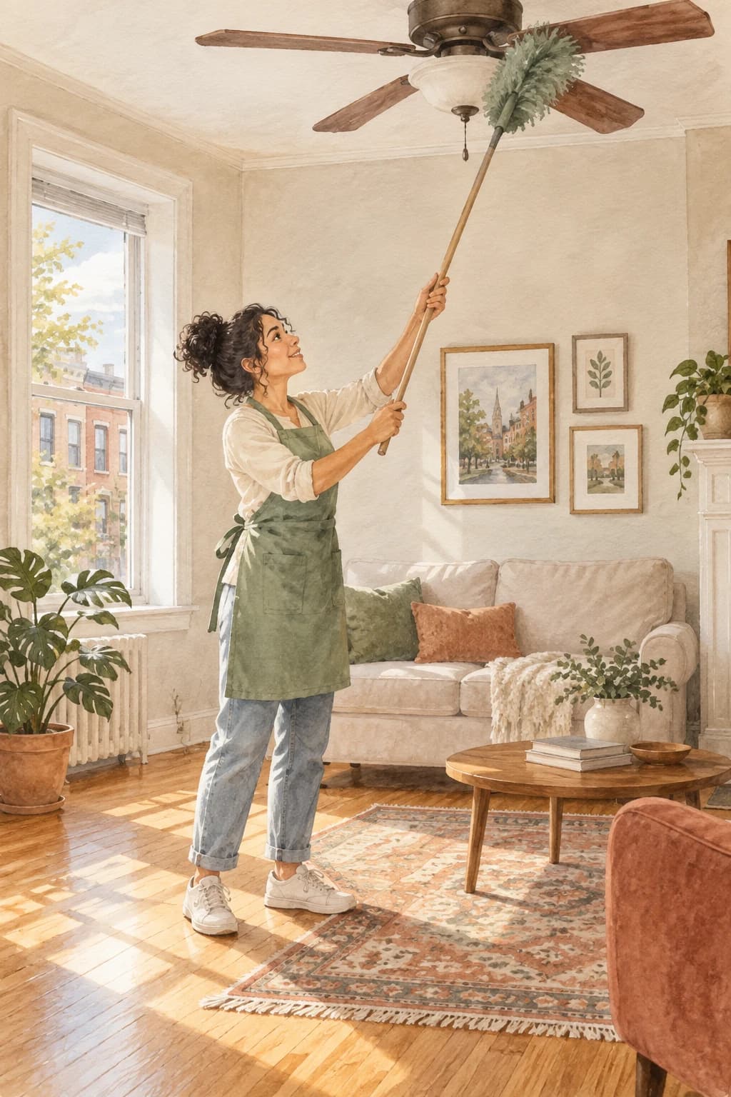 A painted cleaner reaching a long duster up to a ceiling fan in a rowhome living room, a radiator under the window