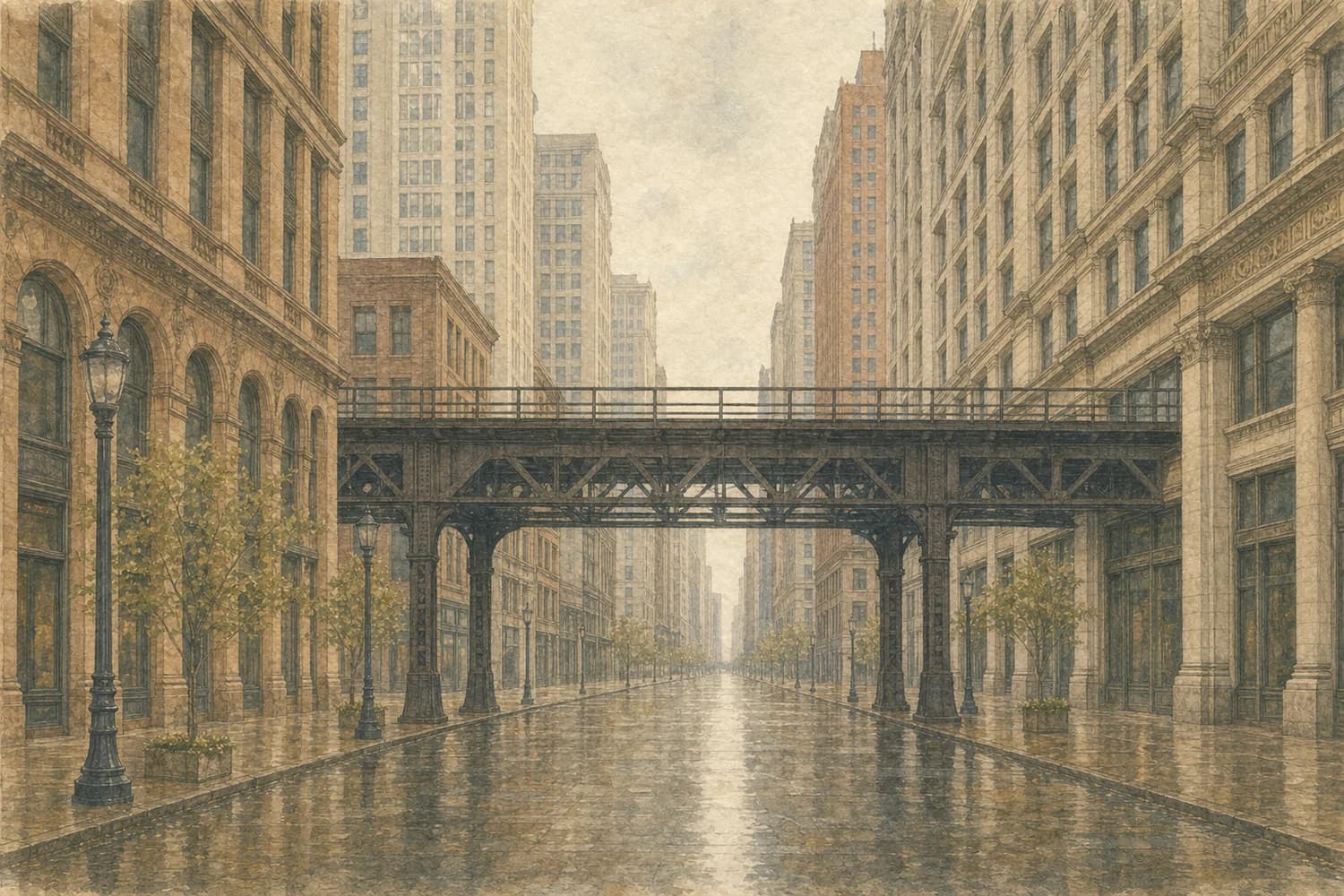 Watercolor of a residential street in The Loop, Chicago, on an overcast morning