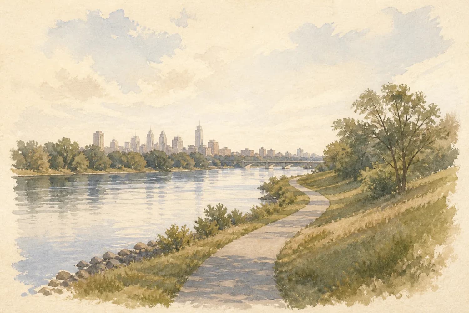 Painted Schuylkill River Trail beside the river within Philadelphia's park landscape.