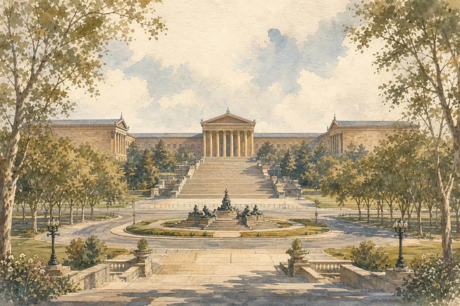 Painted Art Museum steps rising above Eakins Oval and Parkway trees.