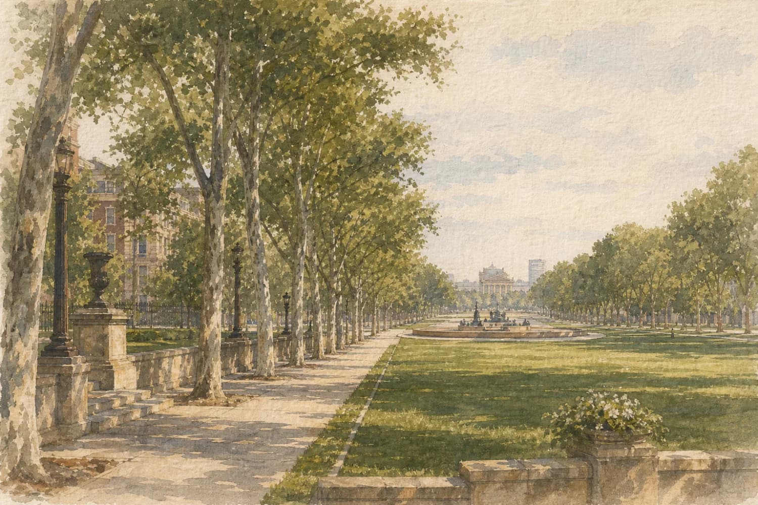 Painted Benjamin Franklin Parkway leading toward Eakins Oval beneath an open sky.