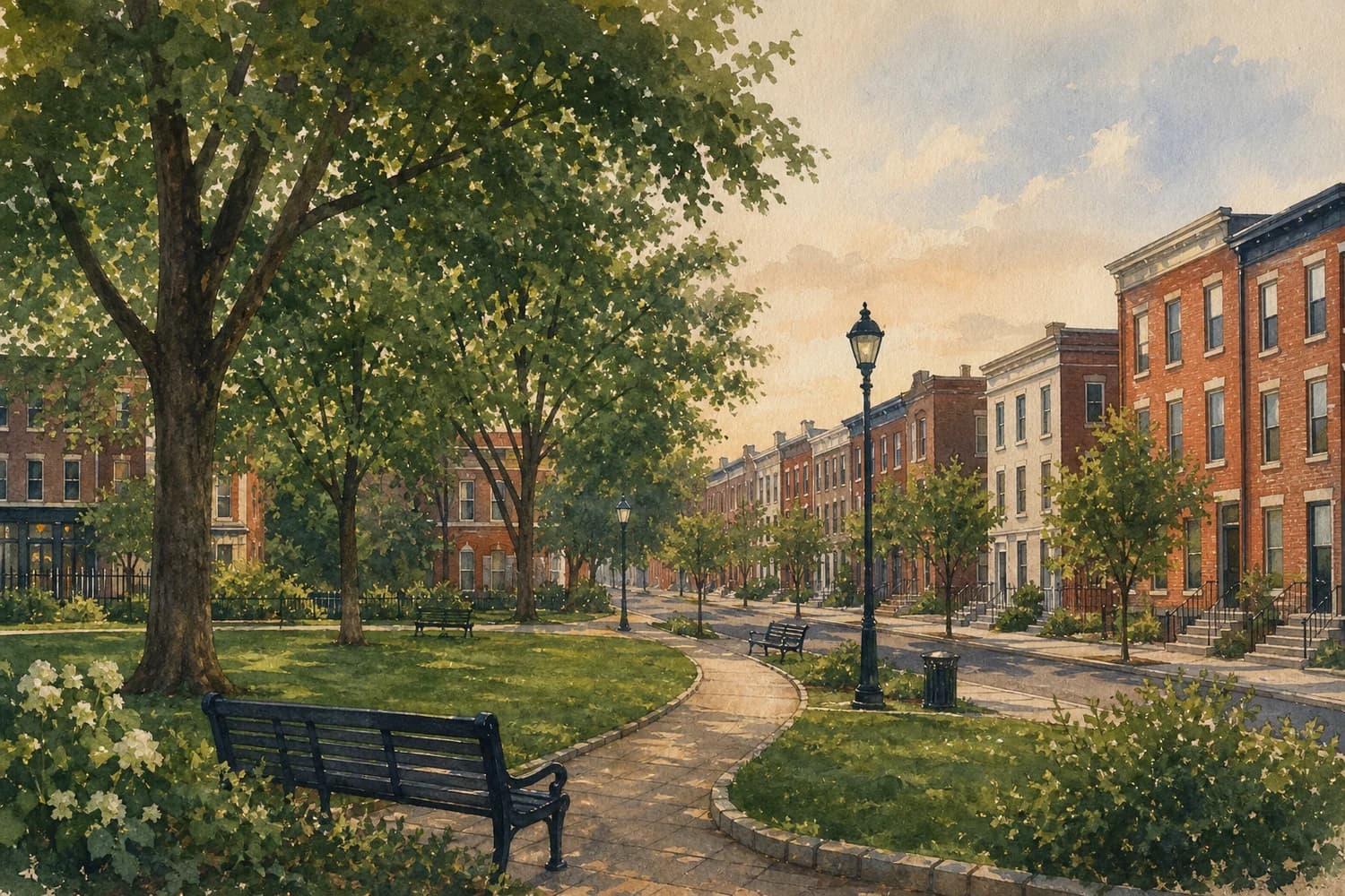 A leafy city square opens toward maintained brick rowhouses and calm side streets.