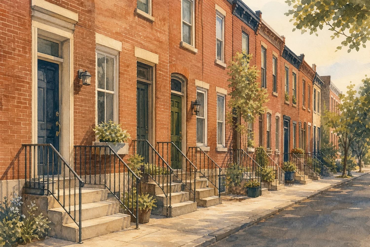 Older brick rowhouses and closely spaced stoops line a quiet side street.