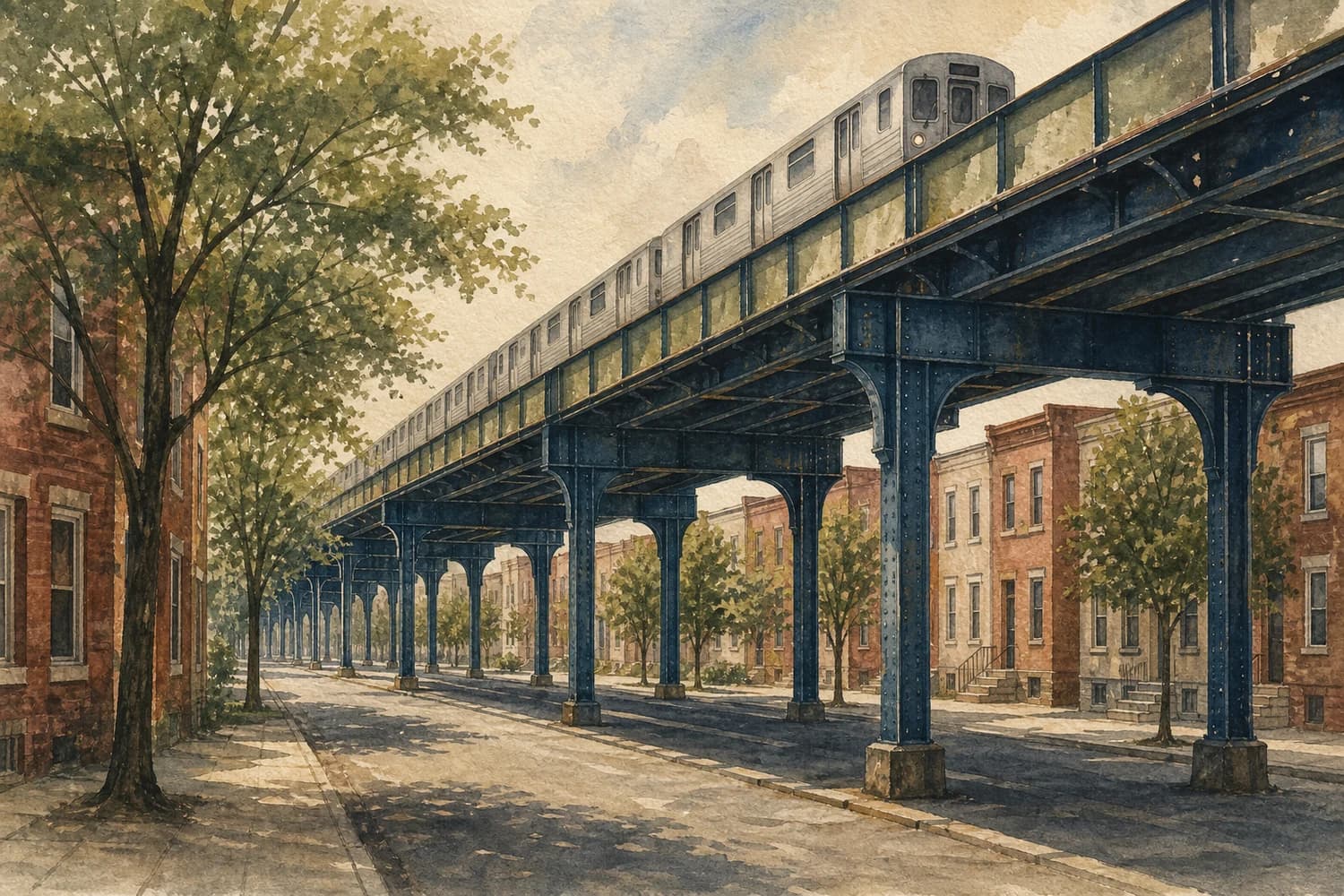 An unbranded train crosses steel elevated tracks above a tree-lined avenue.