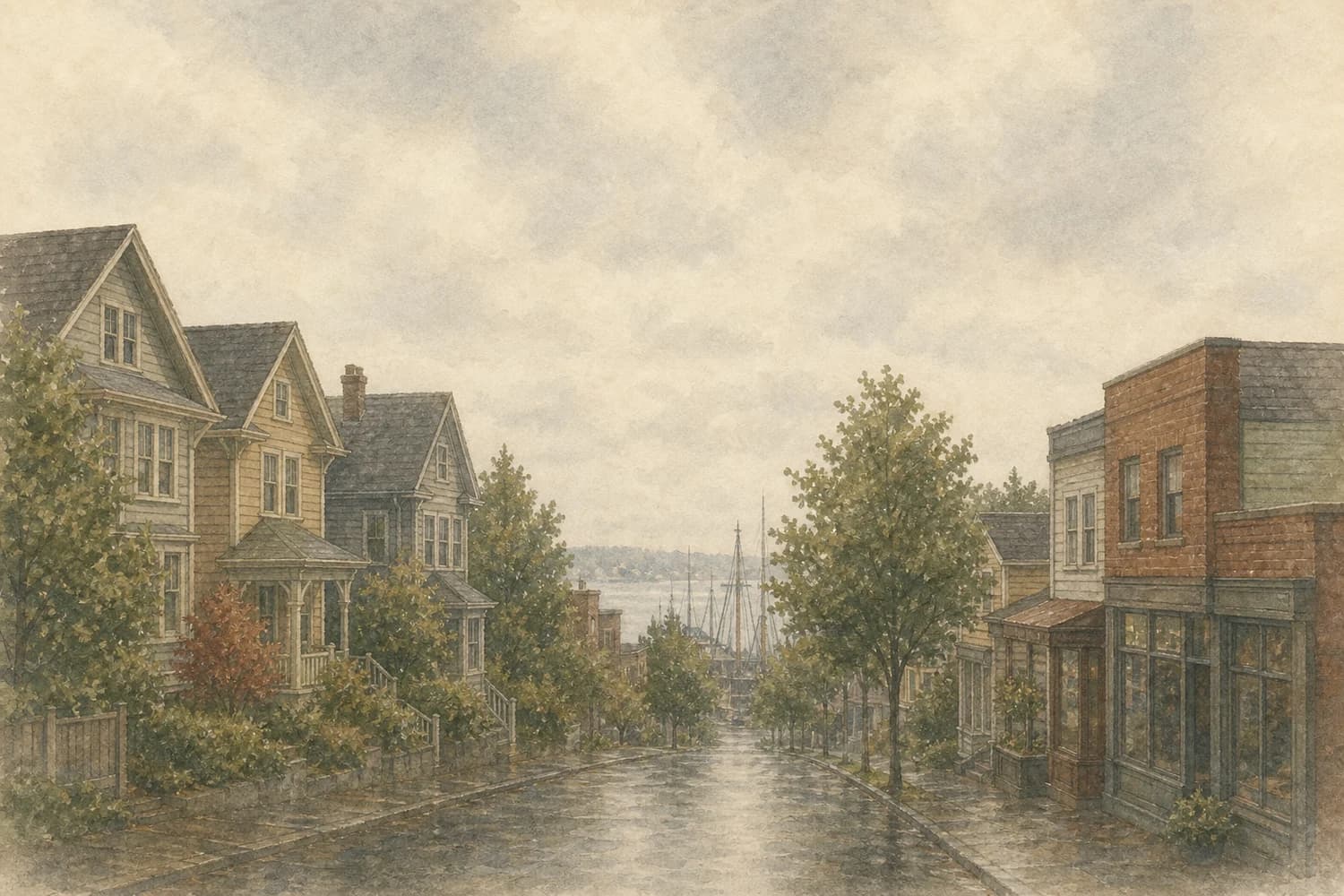 Watercolor of a residential street in Ballard, Seattle, on an overcast morning
