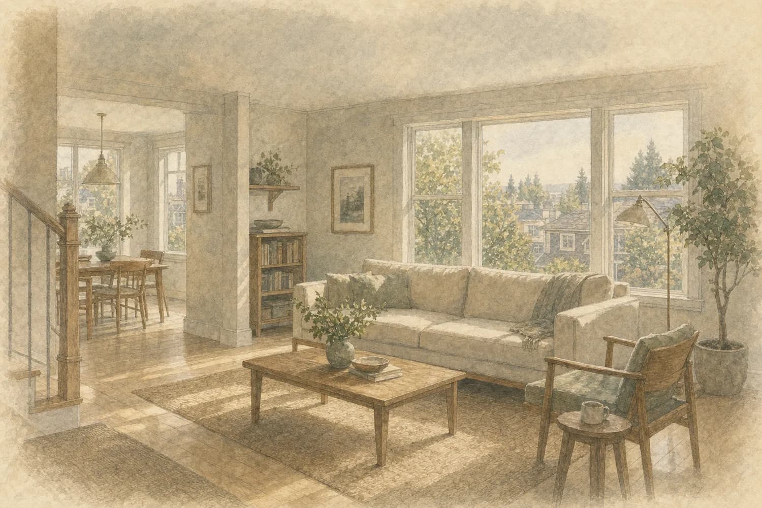 Watercolor of a bright, freshly cleaned living space in a Ballard home