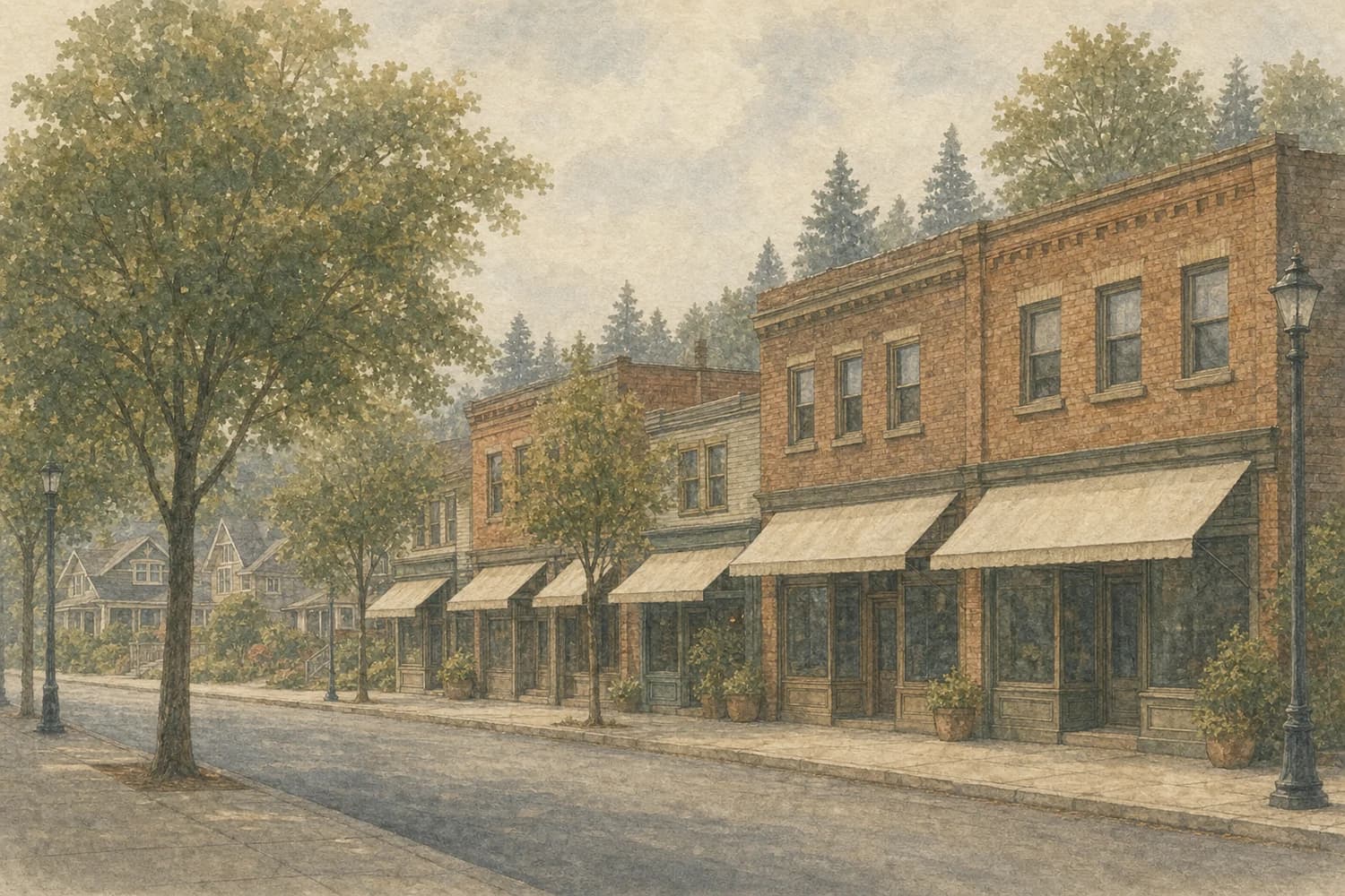Watercolor of a residential street in Columbia City, Seattle, on an overcast morning