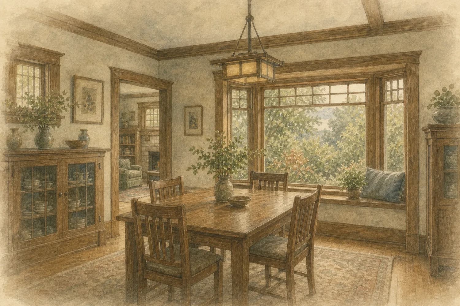 Watercolor of a bright, freshly cleaned living space in a Columbia City home