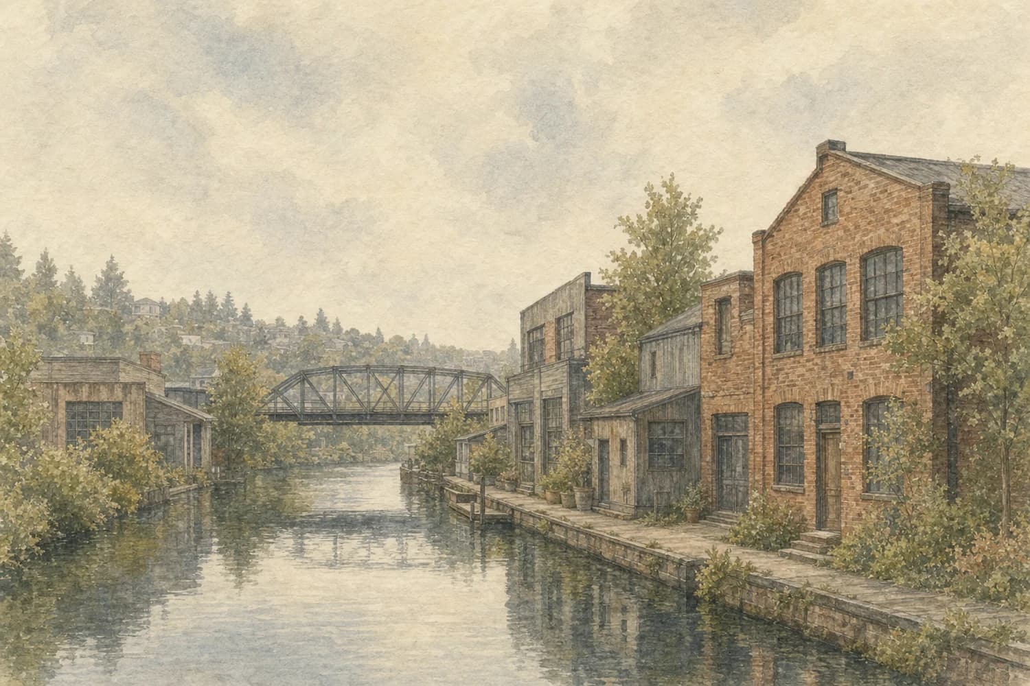 Watercolor of a residential street in Fremont, Seattle, on an overcast morning