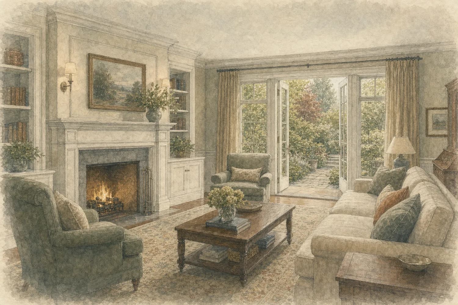 Watercolor of a bright, freshly cleaned living space in a Madison Park home