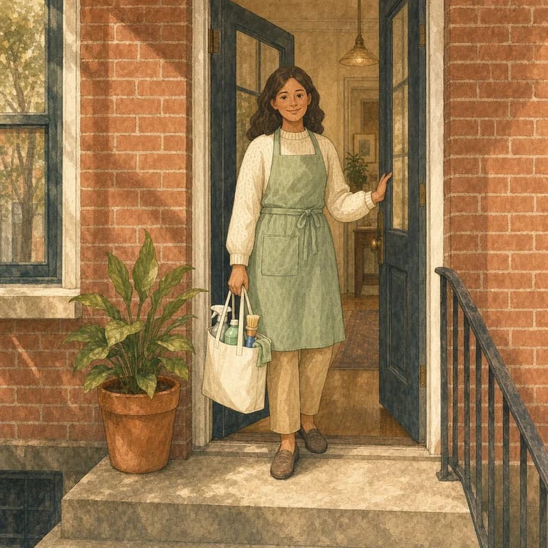 A painted cleaner in a green apron stepping out of a rowhome's open front door onto the stoop, a tote of supplies in her hand