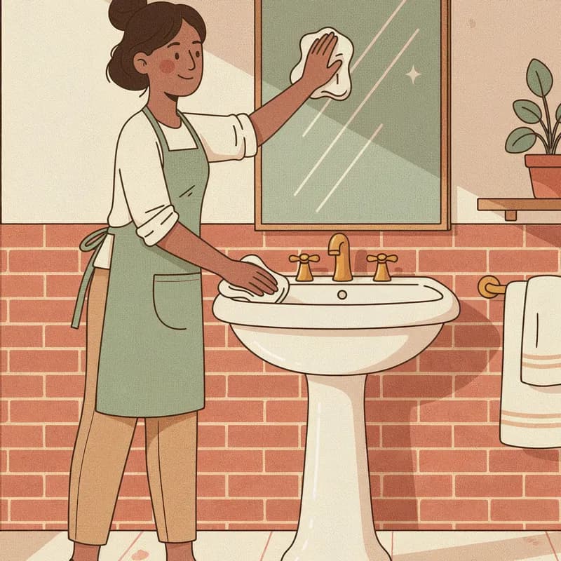 A Hometress cleaner in a sage apron wiping a mirror above a pedestal sink