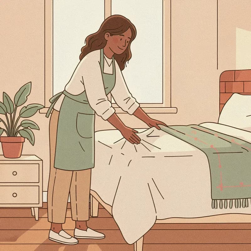 A cleaner smoothing the duvet at the side of a freshly made bed