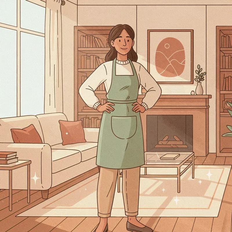A Hometress cleaner in a sage apron standing in a finished, sunlit living room