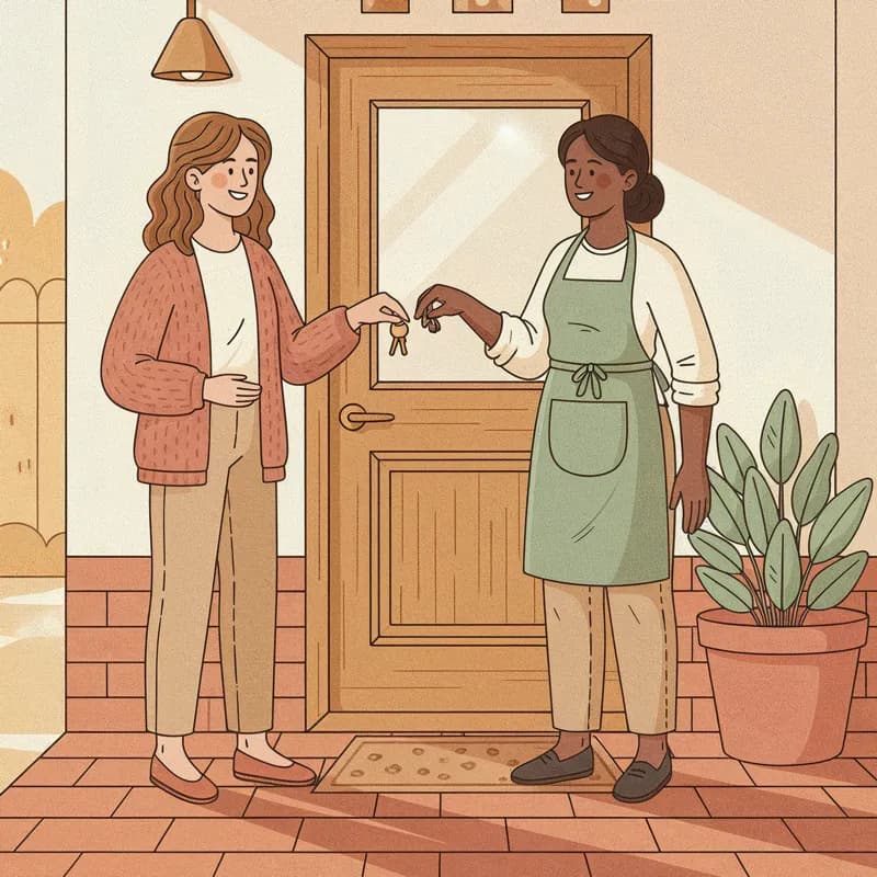 A household member handing house keys to a Hometress cleaner in a sage apron at the front door