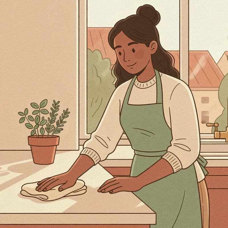 A cleaner wiping down a kitchen counter by the window