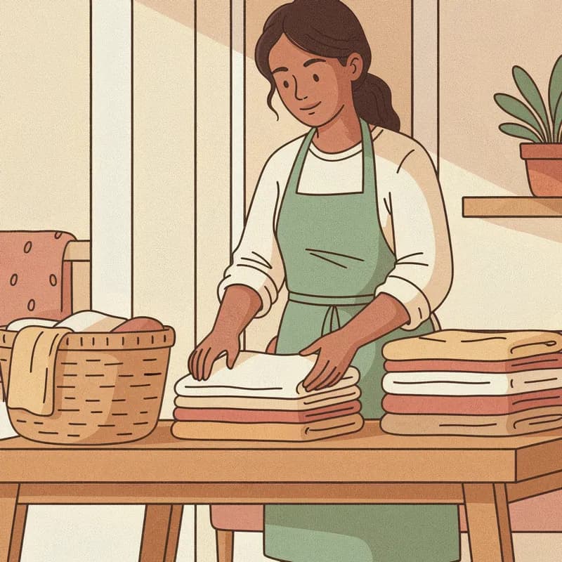 A Hometress cleaner in a sage apron folding towels into neat stacks beside a laundry basket