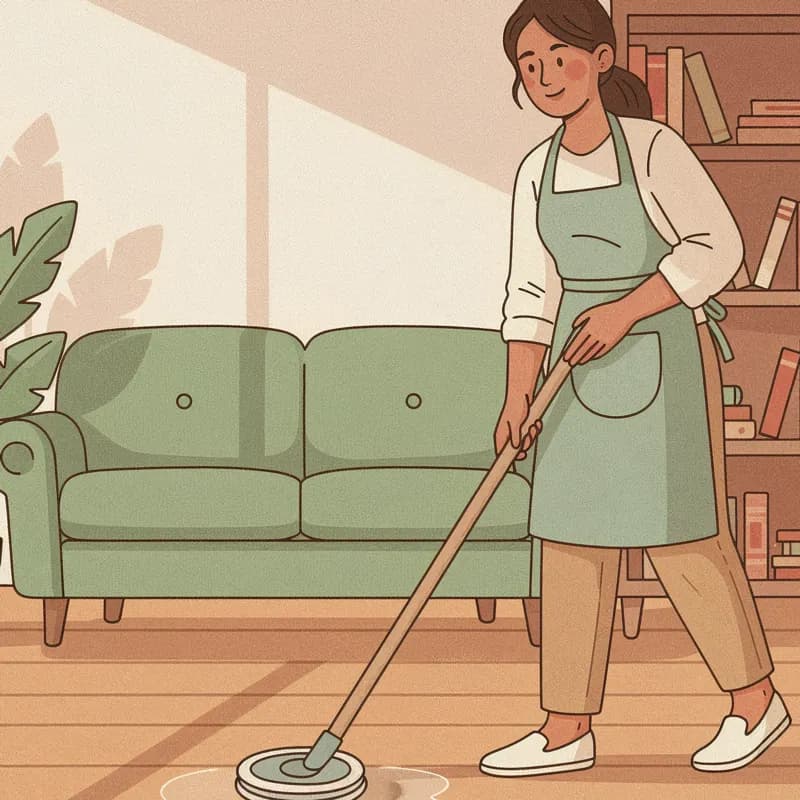 A Hometress cleaner in a sage apron mopping a wooden floor