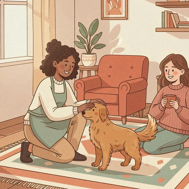 A Hometress cleaner in a sage apron greeting a golden dog in a living room