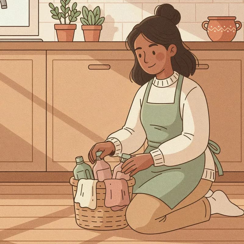 A Hometress cleaner in a sage apron kneeling beside a basket of cleaning bottles and cloths