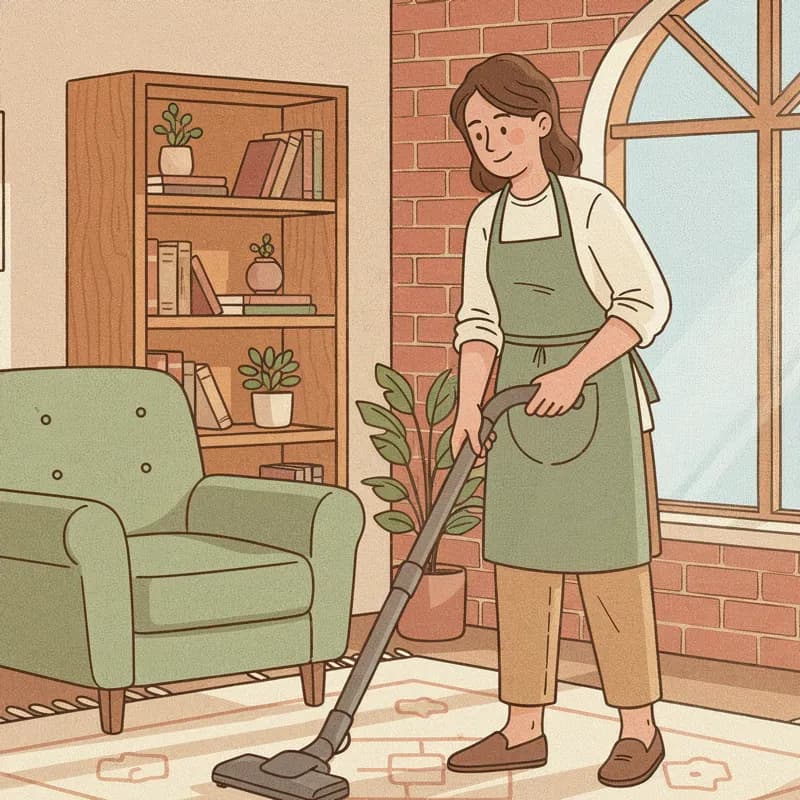 A cleaner vacuuming a living-room rug