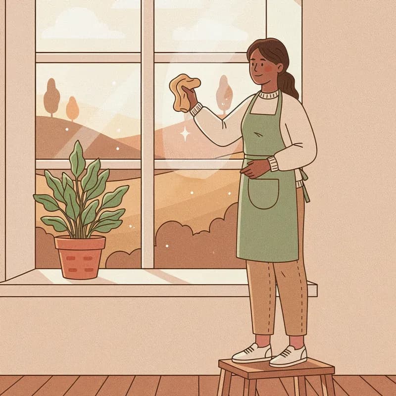 A Hometress cleaner in a sage apron on a step stool wiping a window pane