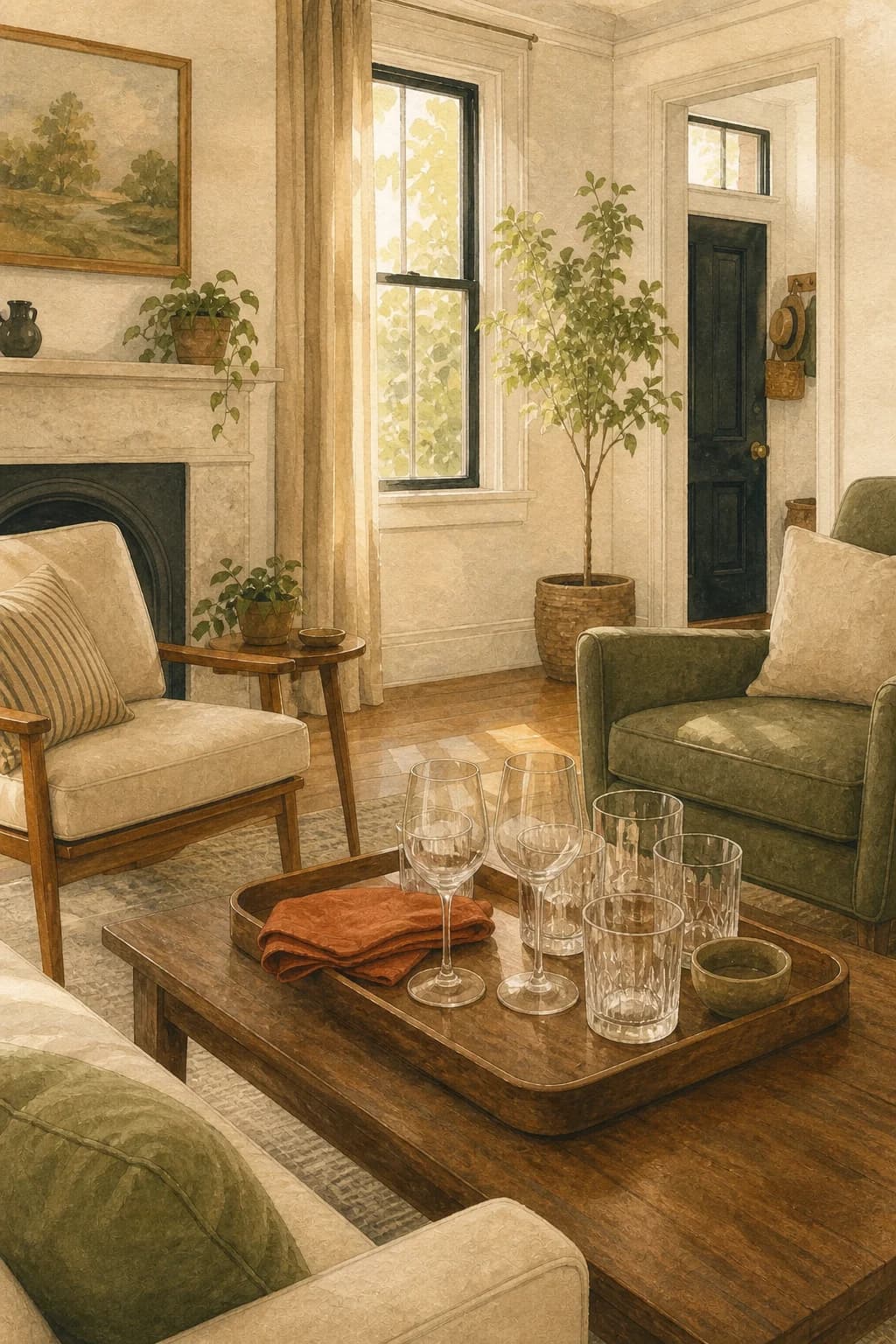 A painted living room restored the same day, glasses gathered on a tray
