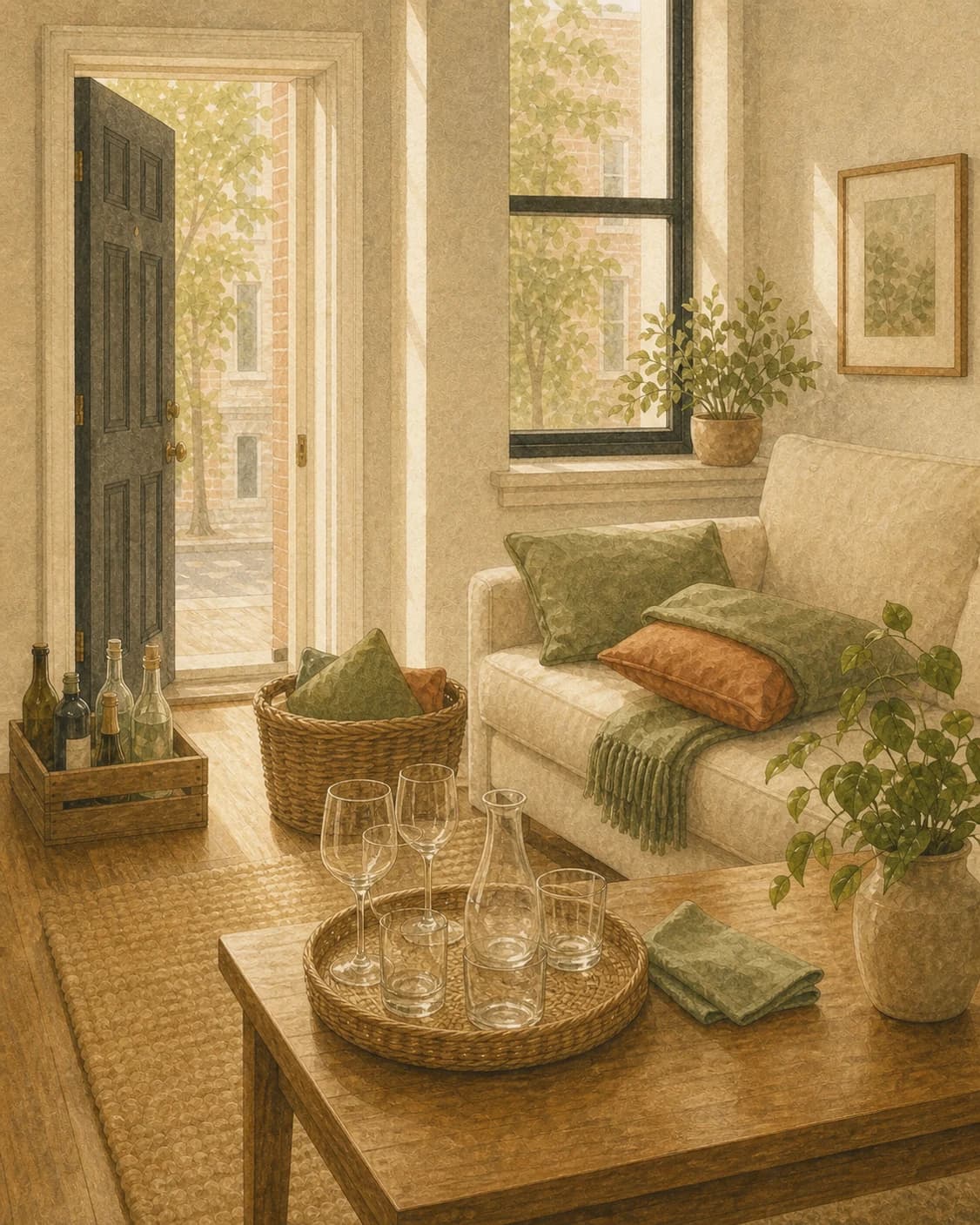 A painted morning-after living room with gathered glasses, sorted bottles, and cushions returning to order
