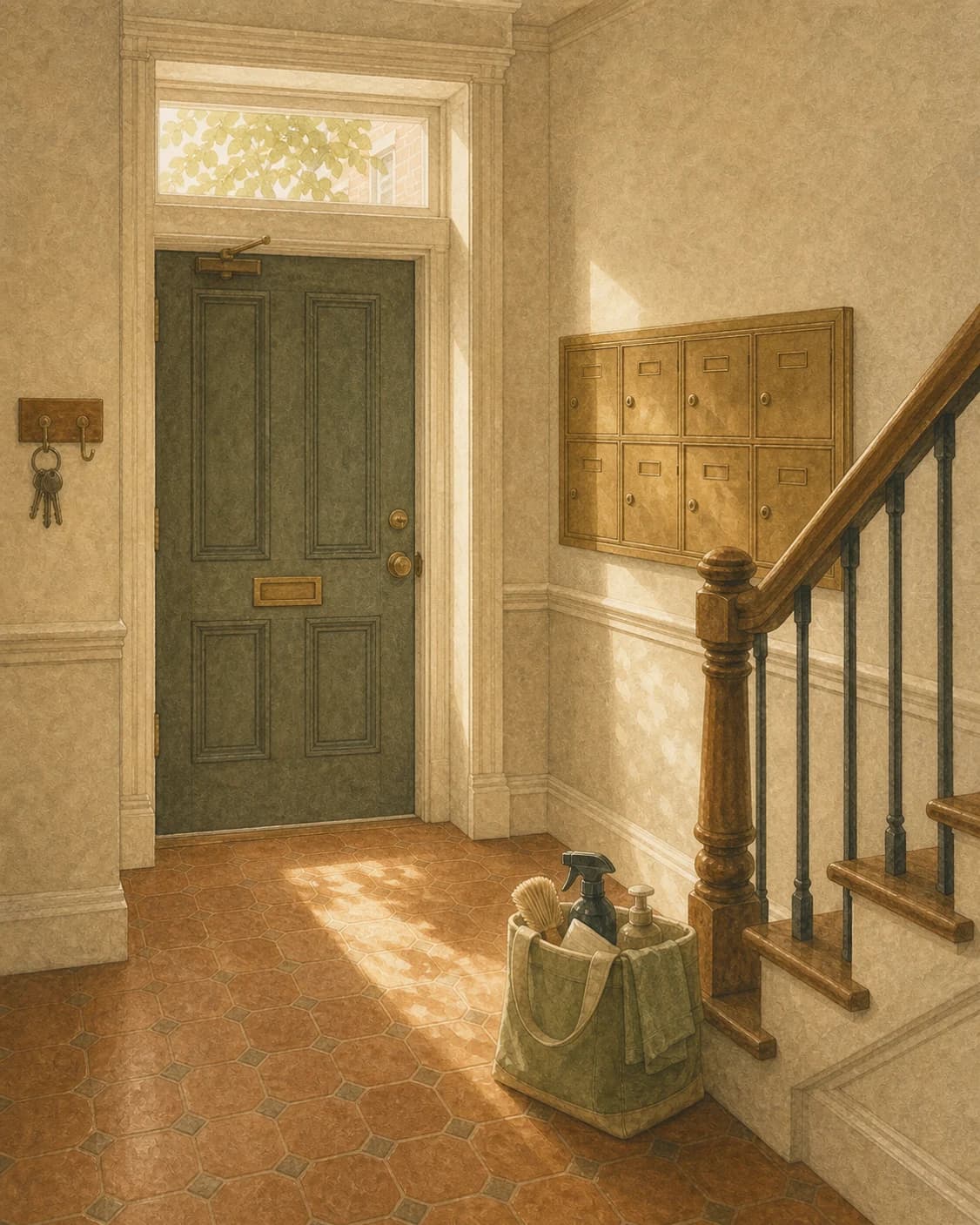 A painted Philadelphia apartment vestibule with brass mailboxes and a cleaning tote by the inner door