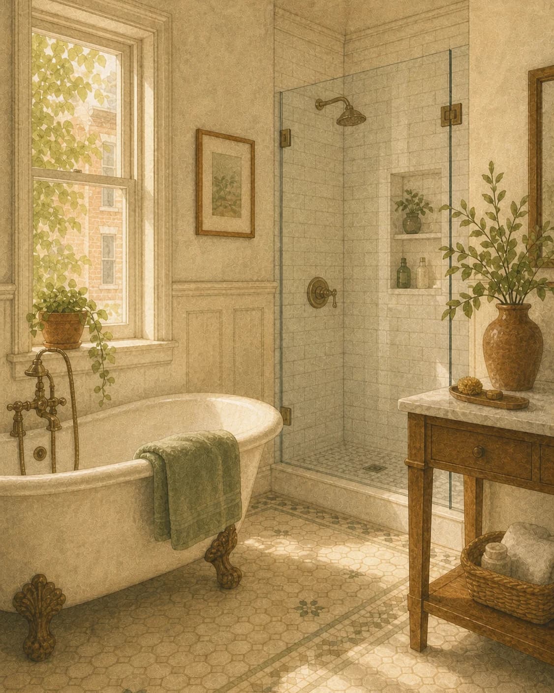 A painted vintage-tile bathroom with a clawfoot tub, clear shower glass, and a folded sage towel
