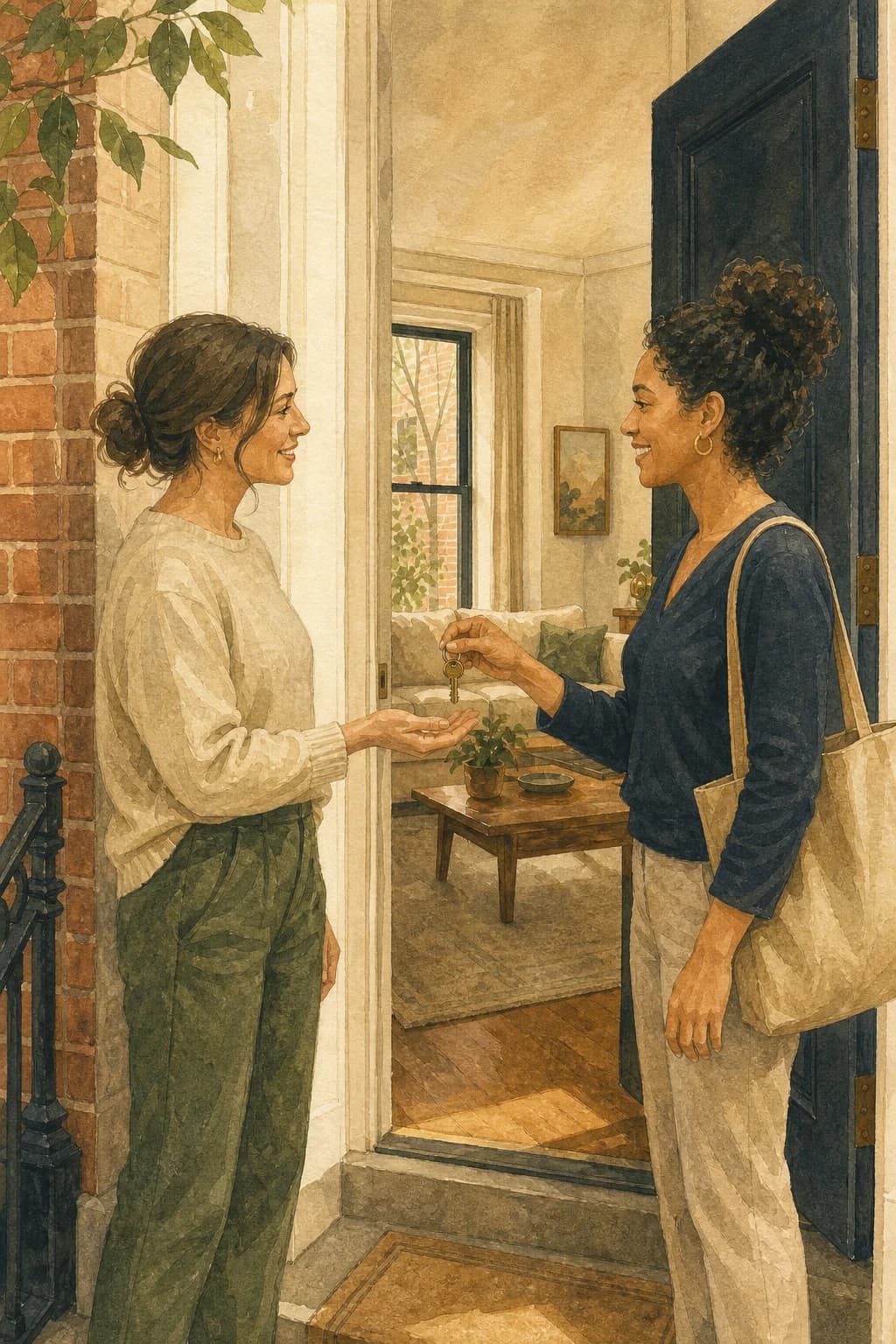 A painted satisfied customer and cleaner at a rowhome doorway