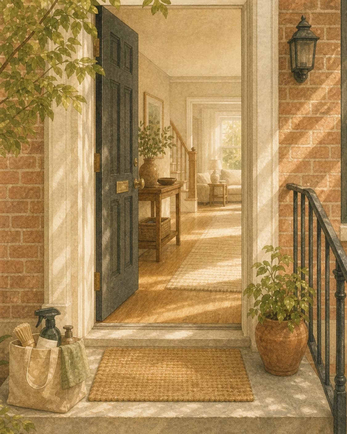 A painted rowhome welcome-mat threshold opening into a bright tidy interior