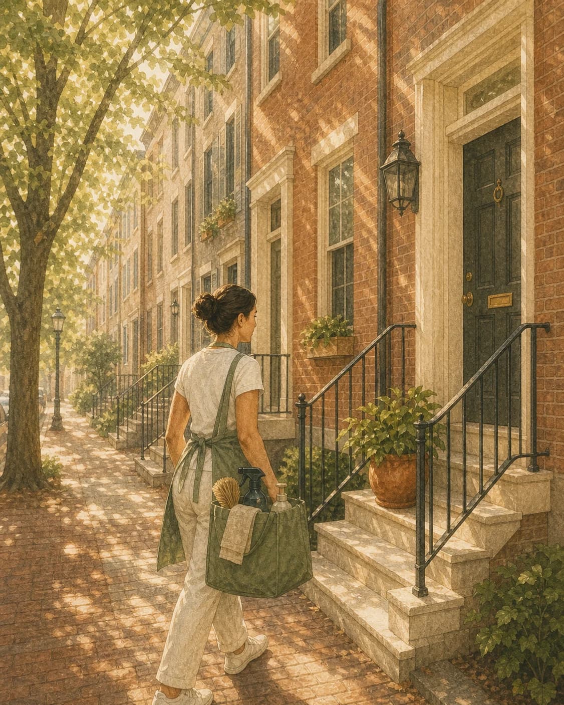 A cleaner in a sage apron walking down a tree-lined brick sidewalk past rowhome stoops, carrying a tote of supplies