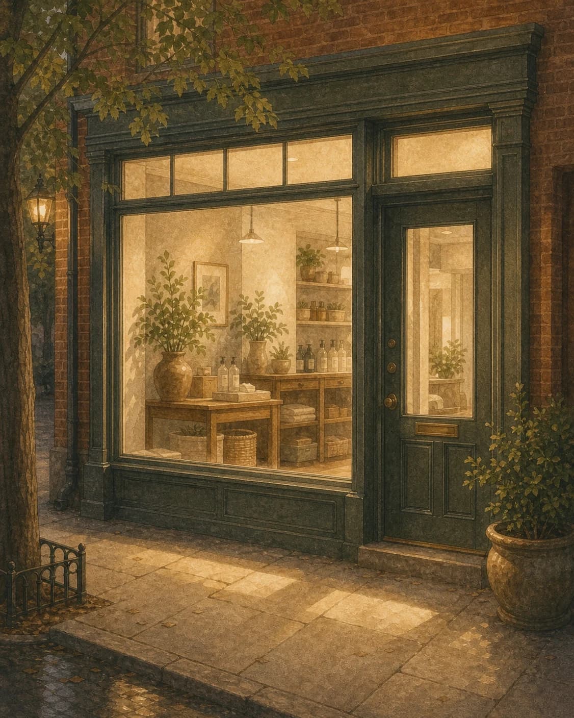 A painted Old City storefront after closing with polished glass and warm interior light