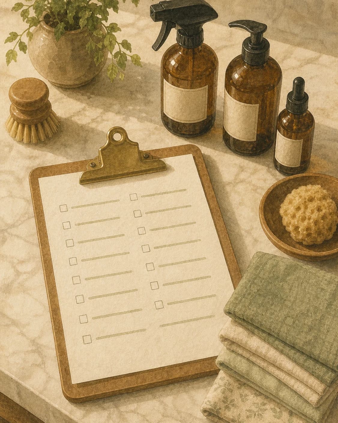A clipboard checklist on a marble counter beside amber spray bottles and folded sage cloths