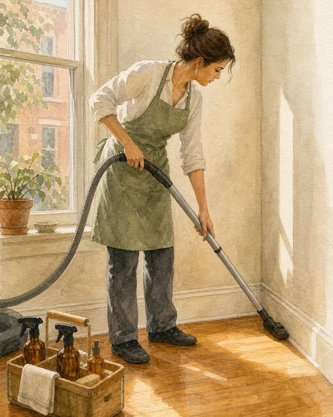 A painted cleaner reaching a sunlit row-home corner with a HEPA vacuum wand