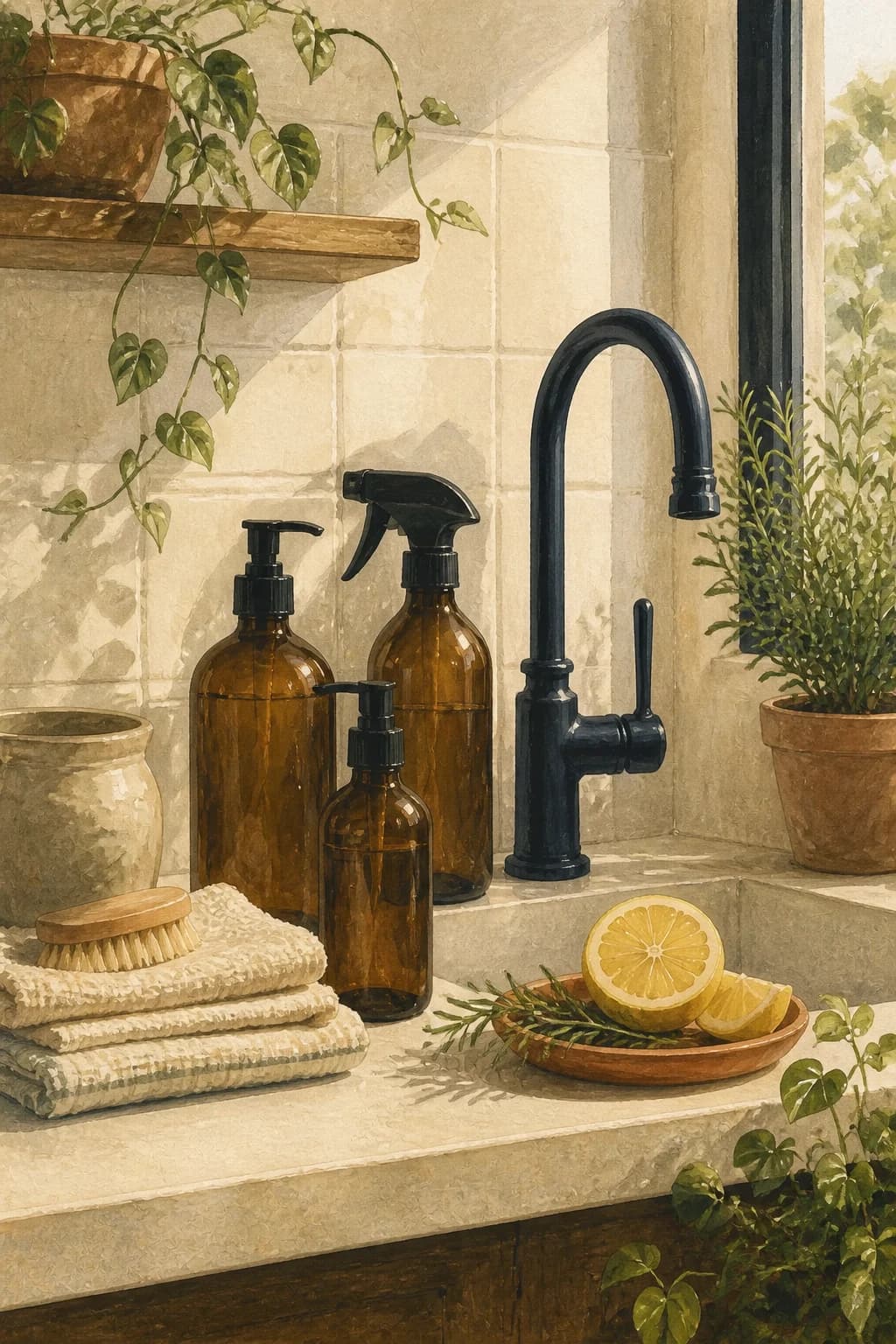 A painted sink with amber refill bottles, citrus, and plants