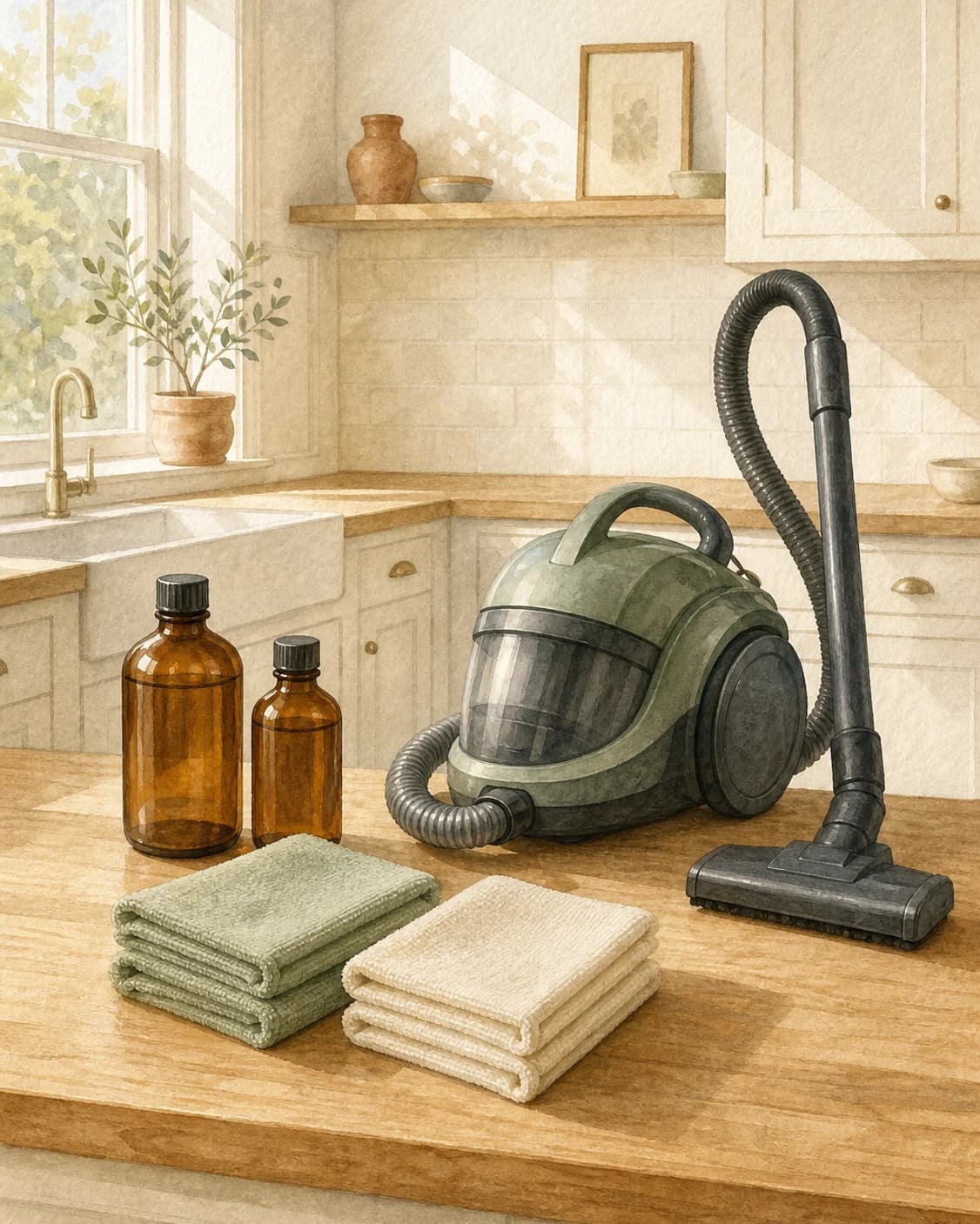 A painted arrangement of amber concentrate bottles, microfiber cloths, and a compact vacuum in an empty kitchen
