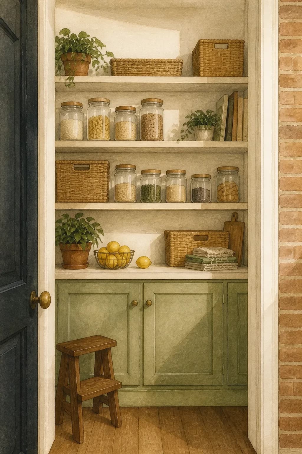 A painted organized pantry with glass jars, woven baskets, and a walnut step stool