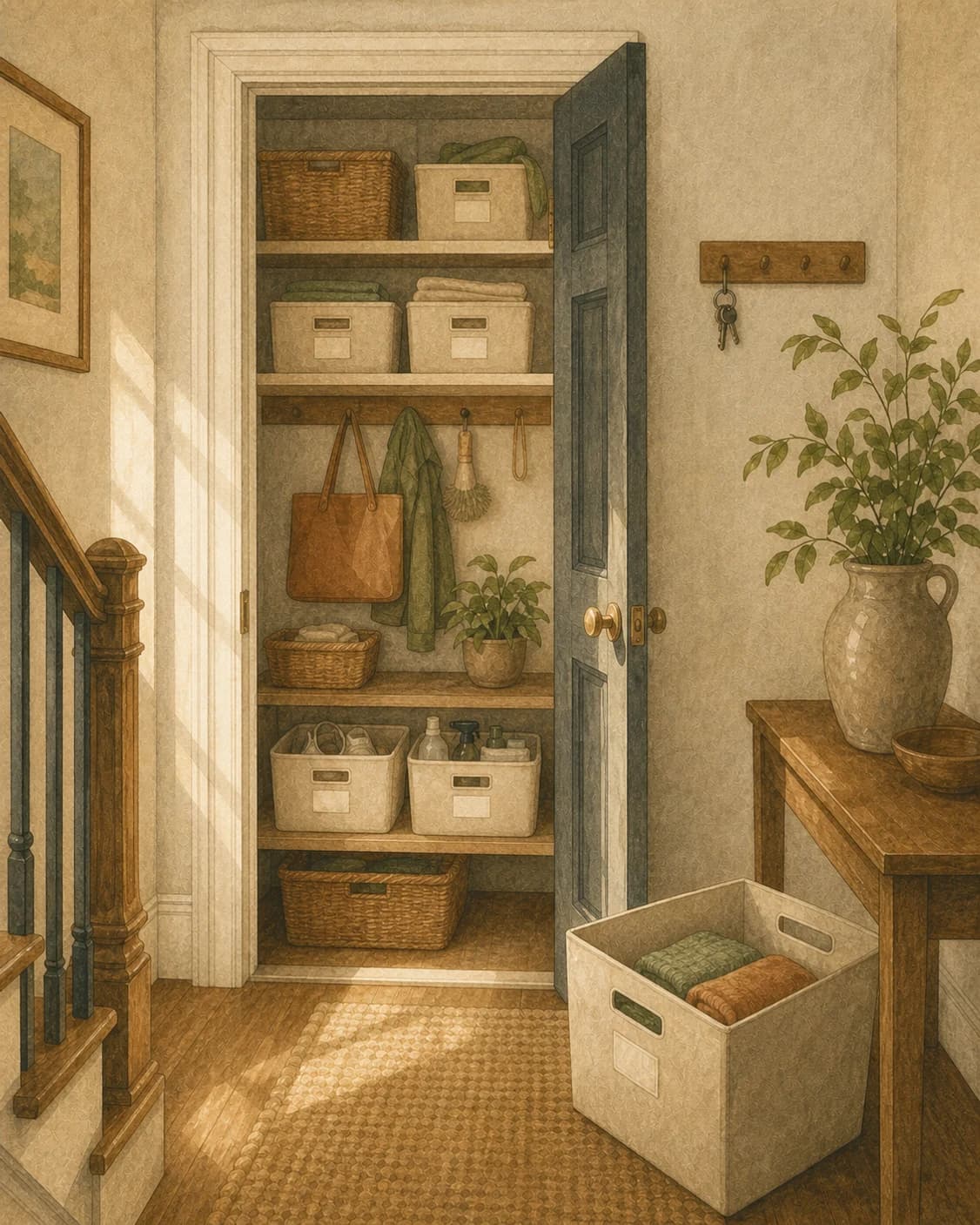 A painted rowhome hall closet mid-reset with labeled bins and a separated donation box
