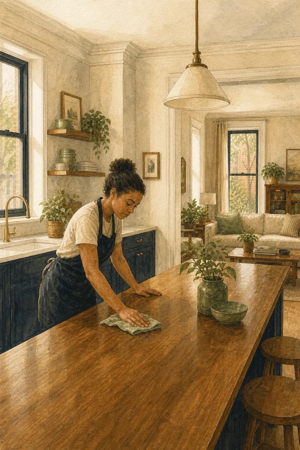 A painted cleaner working through a bright rowhome kitchen