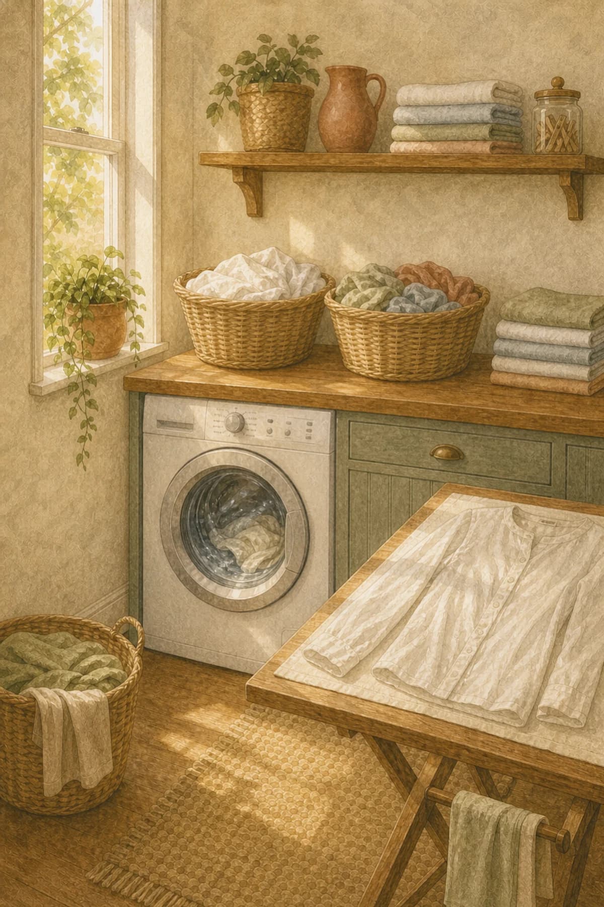 A painted laundry corner mid-cycle — sorted baskets on a wood counter, a front-load washer, and a shirt laid flat to dry