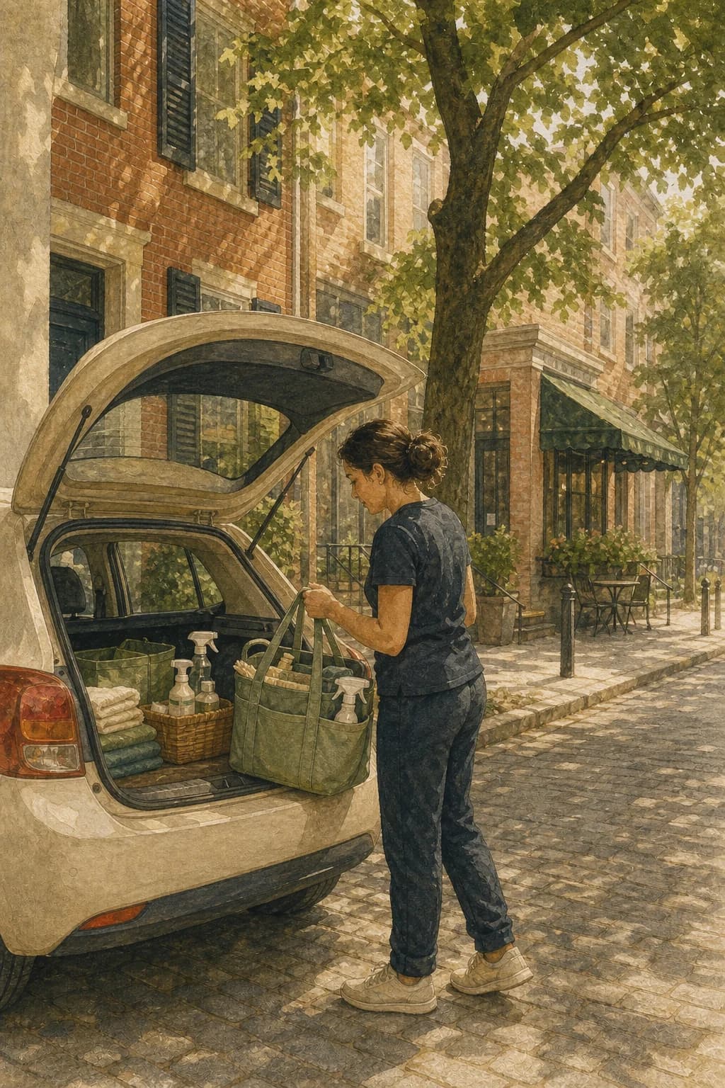 A painted neighborhood cleaner loading supplies from a compact car