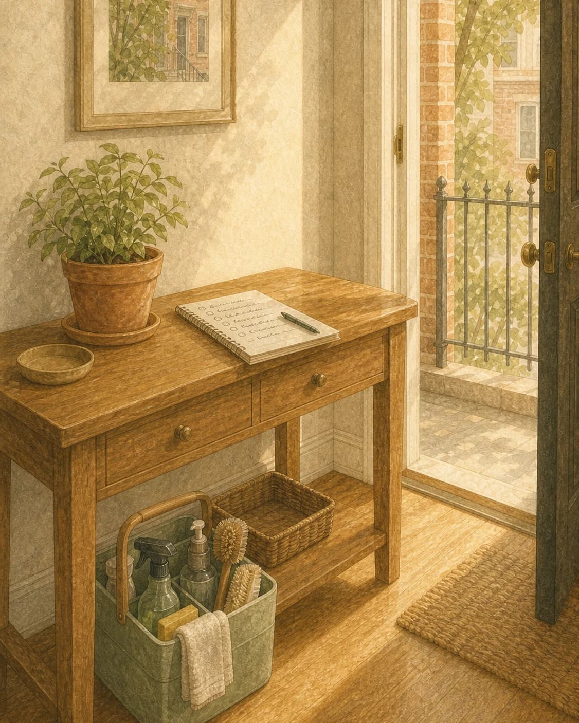 A painted rowhome vestibule: a wooden console with a written checklist, a caddy of supplies beneath it, and the front door open onto an iron-railed stoop