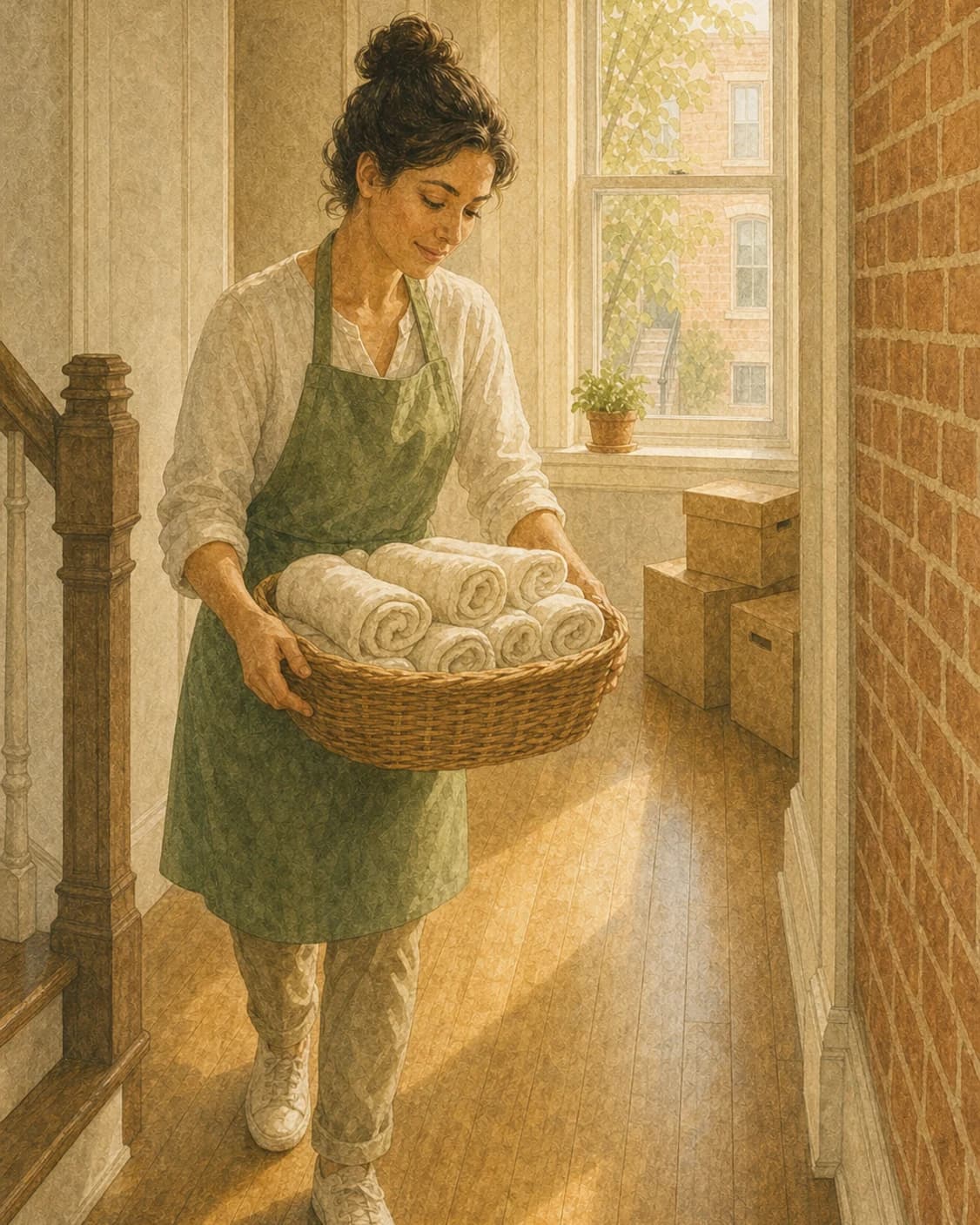 A painted cleaner carrying a woven basket of rolled linens down a sunlit hallway