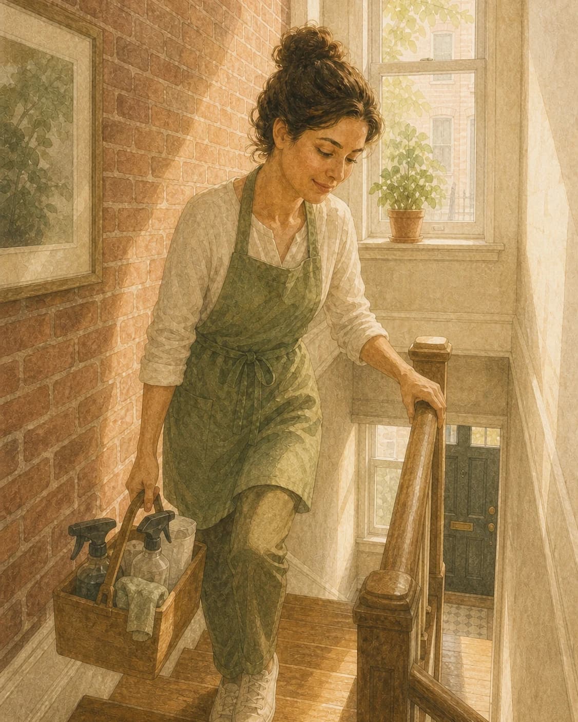 A painted cleaner in a green apron coming down a narrow rowhome staircase with a caddy of supplies, a brick wall at her side