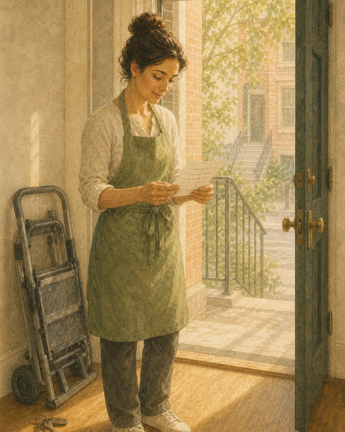A painted cleaner checking move-day access notes at a Philadelphia row home door